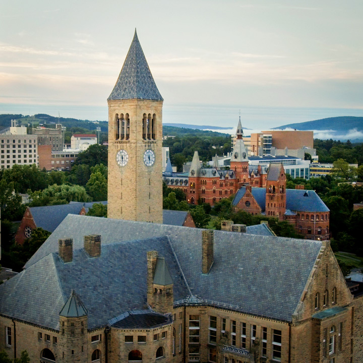 Cornell University campus with view of lake and clock tower 